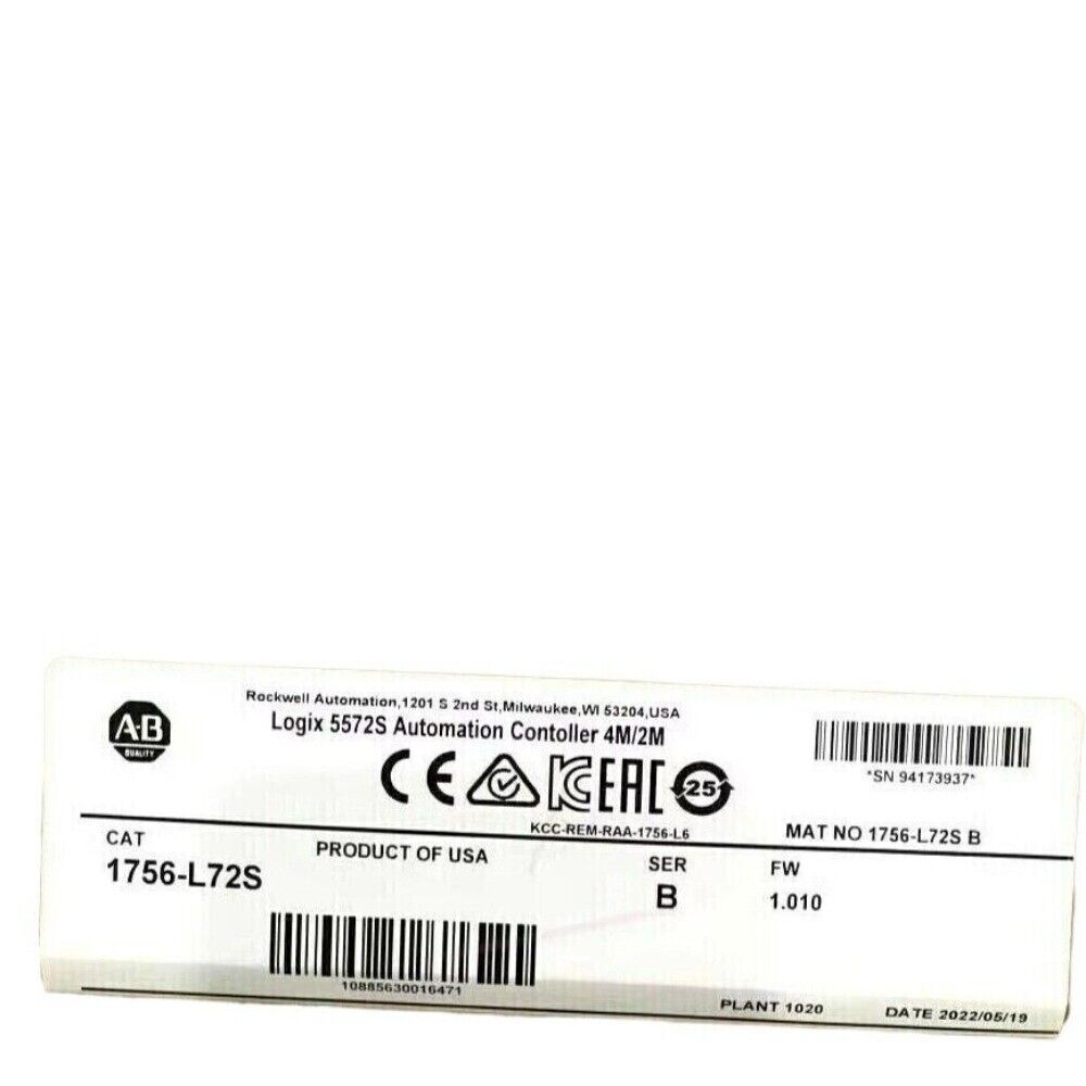 Allen-Bradley 1756-L72S GuardLogix Controller label, product details, USA made