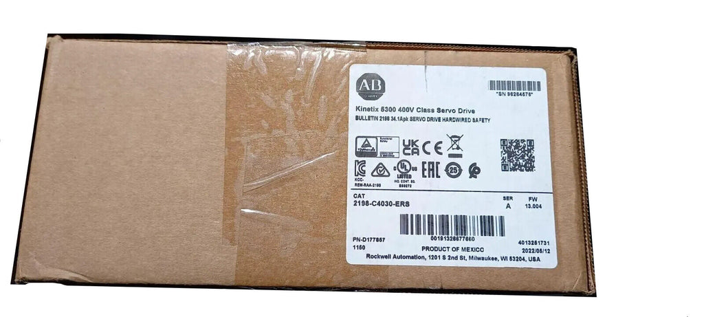 Allen-Bradley Kinetix 5300 Servo Drive label, 2198-C4030-ERS model, with product information and certifications.