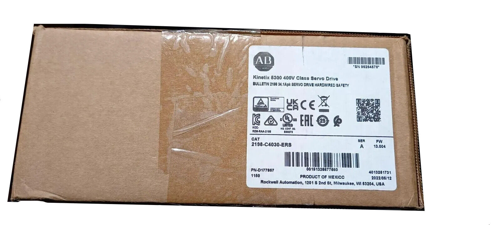 Allen-Bradley Kinetix 5300 Servo Drive label, 2198-C4030-ERS model, with product information and certifications.