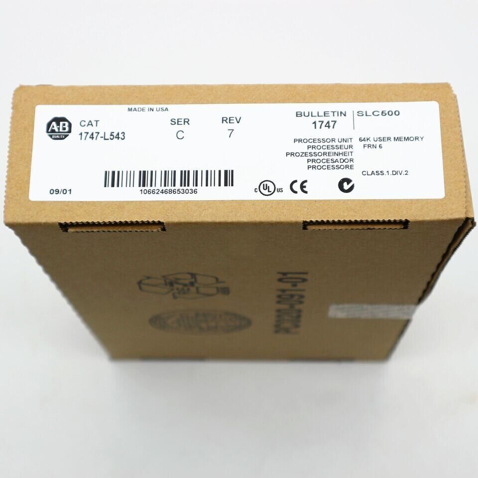 Allen-Bradley 1747-L543 SLC 500 CPU Processor Unit Module box, new and sealed, with product details.
