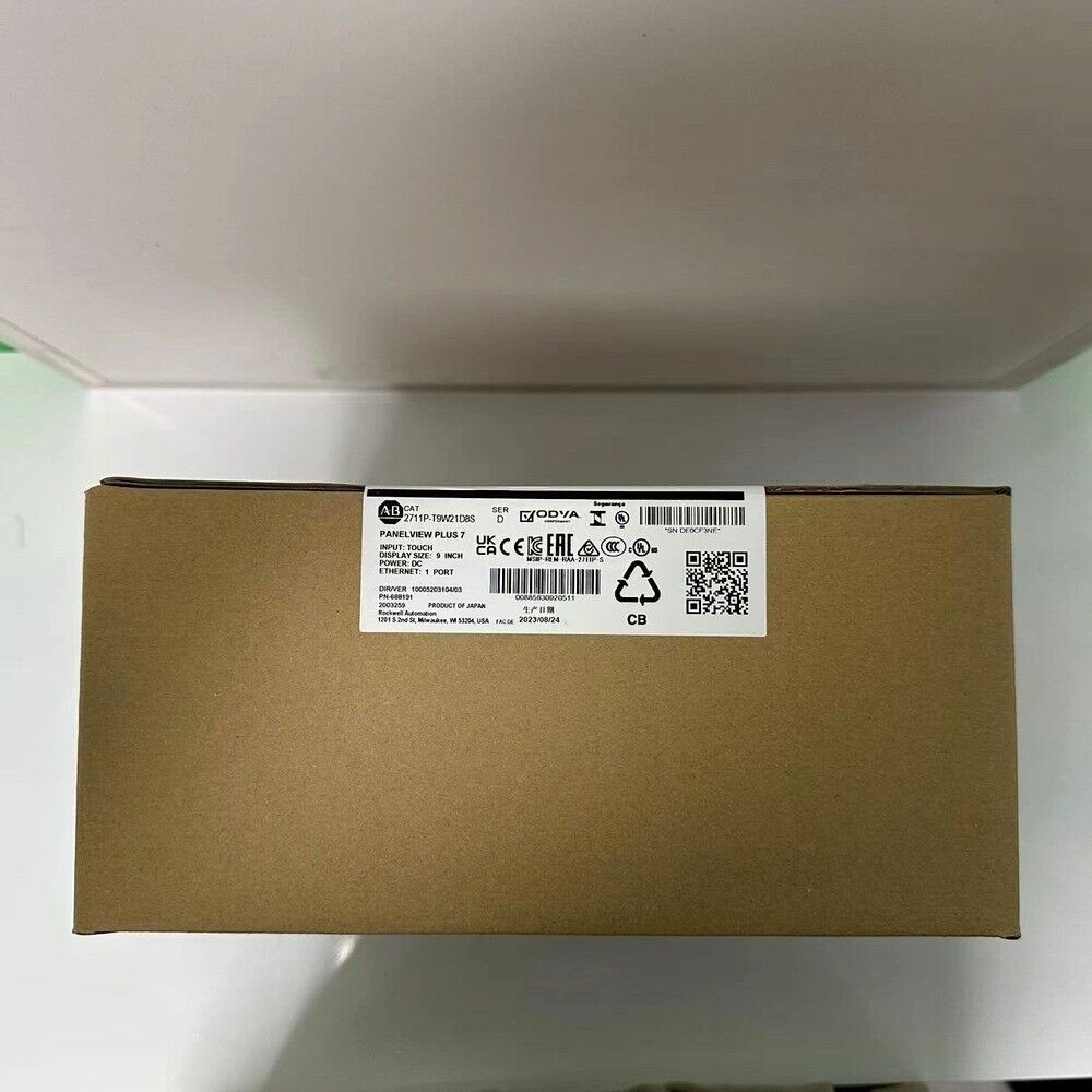 Allen-Bradley 2711P-T9W21D8S PanelView Plus 7 box, featuring product specifications and certifications.