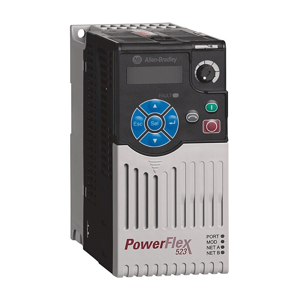 Allen-Bradley PowerFlex 523 AC drive with control panel and display, 1HP 480V, industrial automation component.
