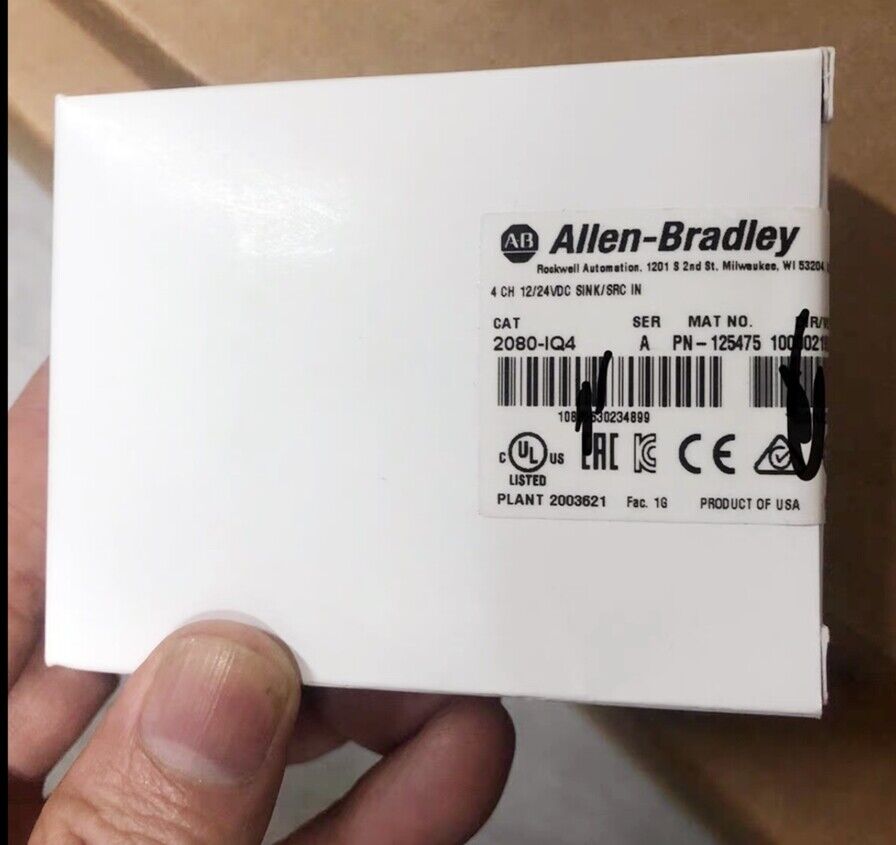 Allen-Bradley 2080-IQ4 Series A Micro800 8-Ch Digital I/O Module product box.  Product of USA.