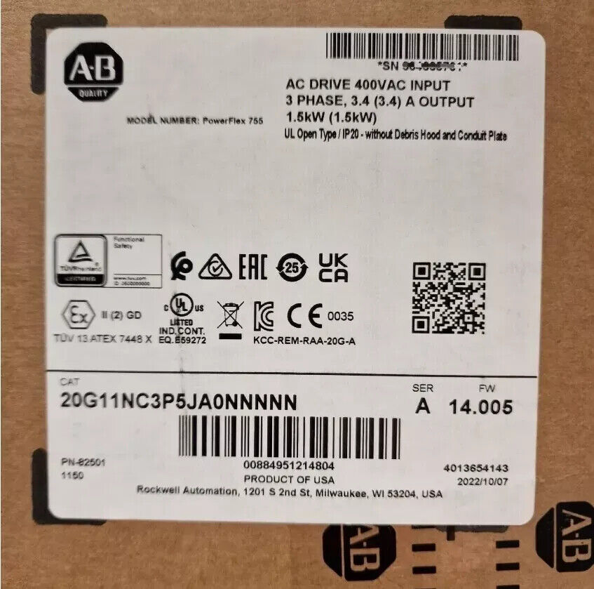 Allen-Bradley PowerFlex 755 AC Drive label, 20G11NC3P5JA0NNNNN, industrial automation equipment.