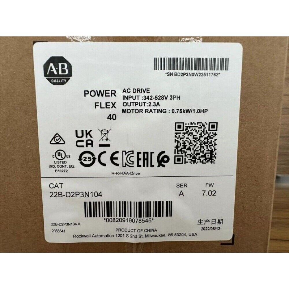 Allen-Bradley PowerFlex 40 AC Drive label: 22B-D2P3N104, 380-480V, 2.3A output, 0.75kW motor rating.