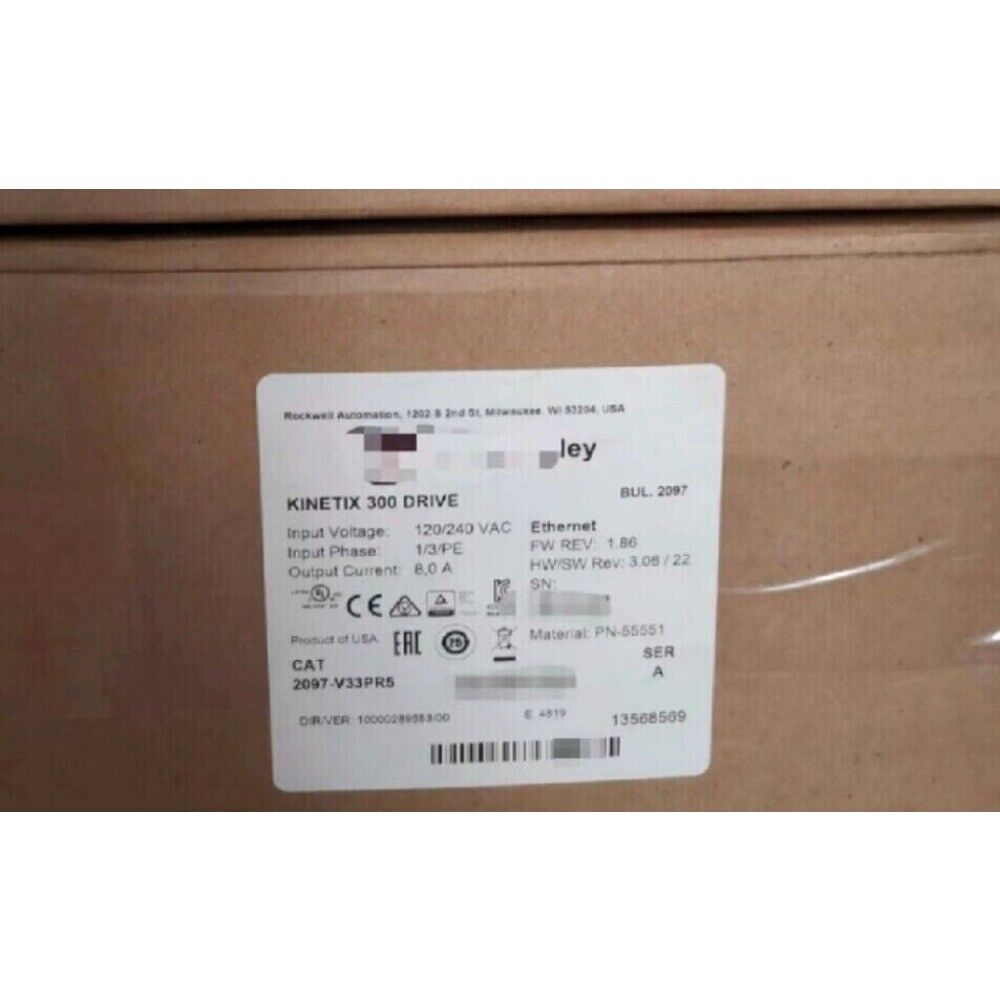 Allen-Bradley Kinetix 300 Drive 2097-V33PR5 EtherNet/IP product label on a box, specifications listed