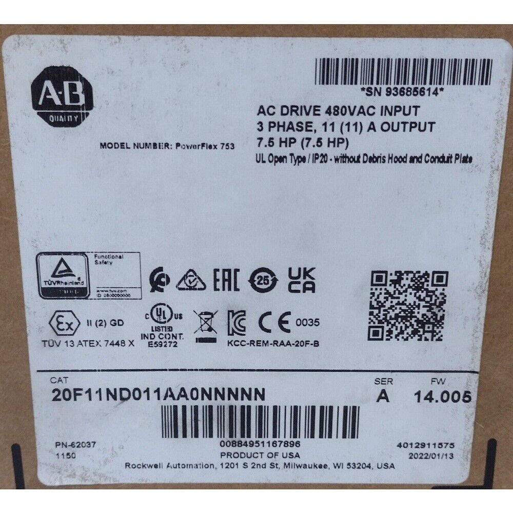 Allen-Bradley PowerFlex 753 AC Drive label, 480VAC input, 7.5 HP, product details.