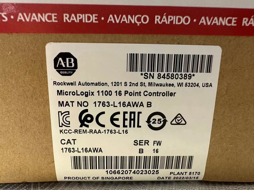 Allen-Bradley MicroLogix 1100 16 Point Controller label with product details, Singapore origin, 1763-L16AWA