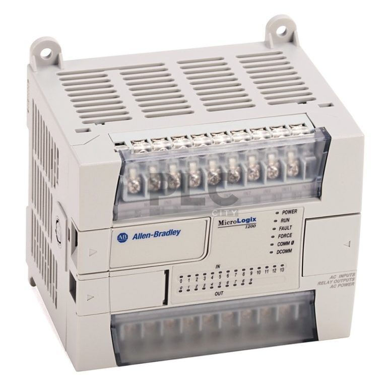 Allen-Bradley MicroLogix 1200 PLC Controller. AC inputs, relay outputs, and power indicators. Grey plastic enclosure.
