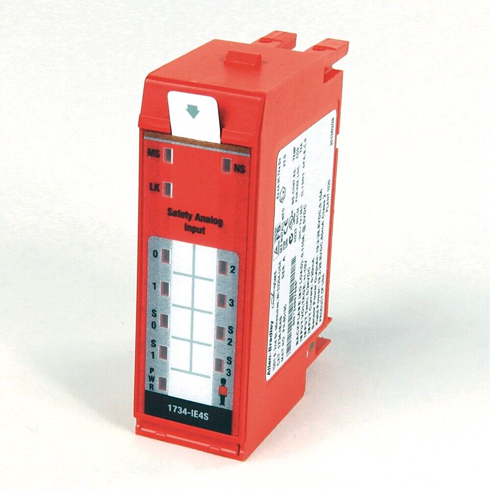 Allen-Bradley 1734-IE4S Safety Analog Input Module, Red, compact design for process monitoring and automation systems.