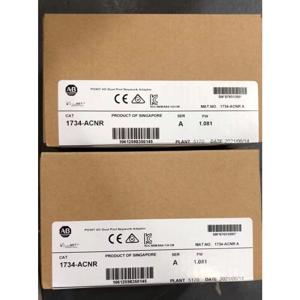 Allen-Bradley 1734-ACNR Point I/O ControlNet Network Adapter Box, Product of Singapore, DIN rail mount.