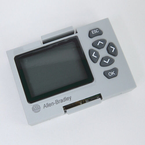 Allen-Bradley Micro820 controller, with display screen, navigation buttons, and a small port. Top down view.