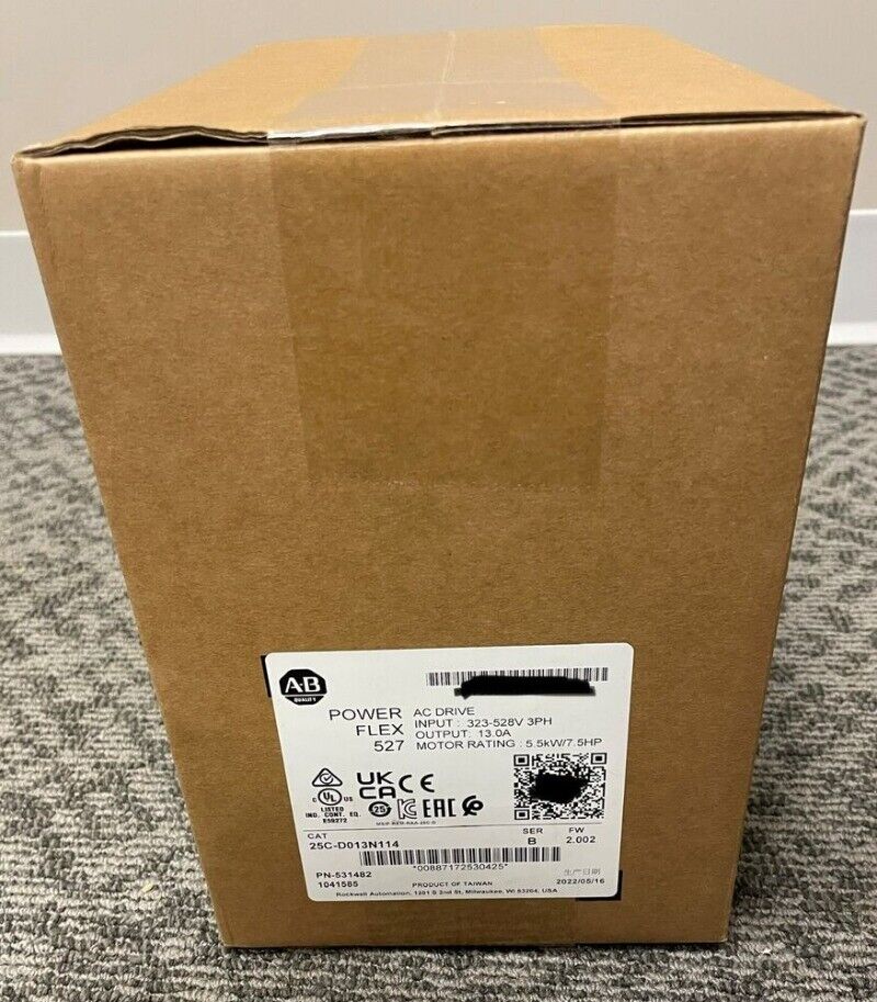 Allen-Bradley PowerFlex 527 AC Drive box, 7.5HP, 25C-D013N114, new industrial automation part with specs.