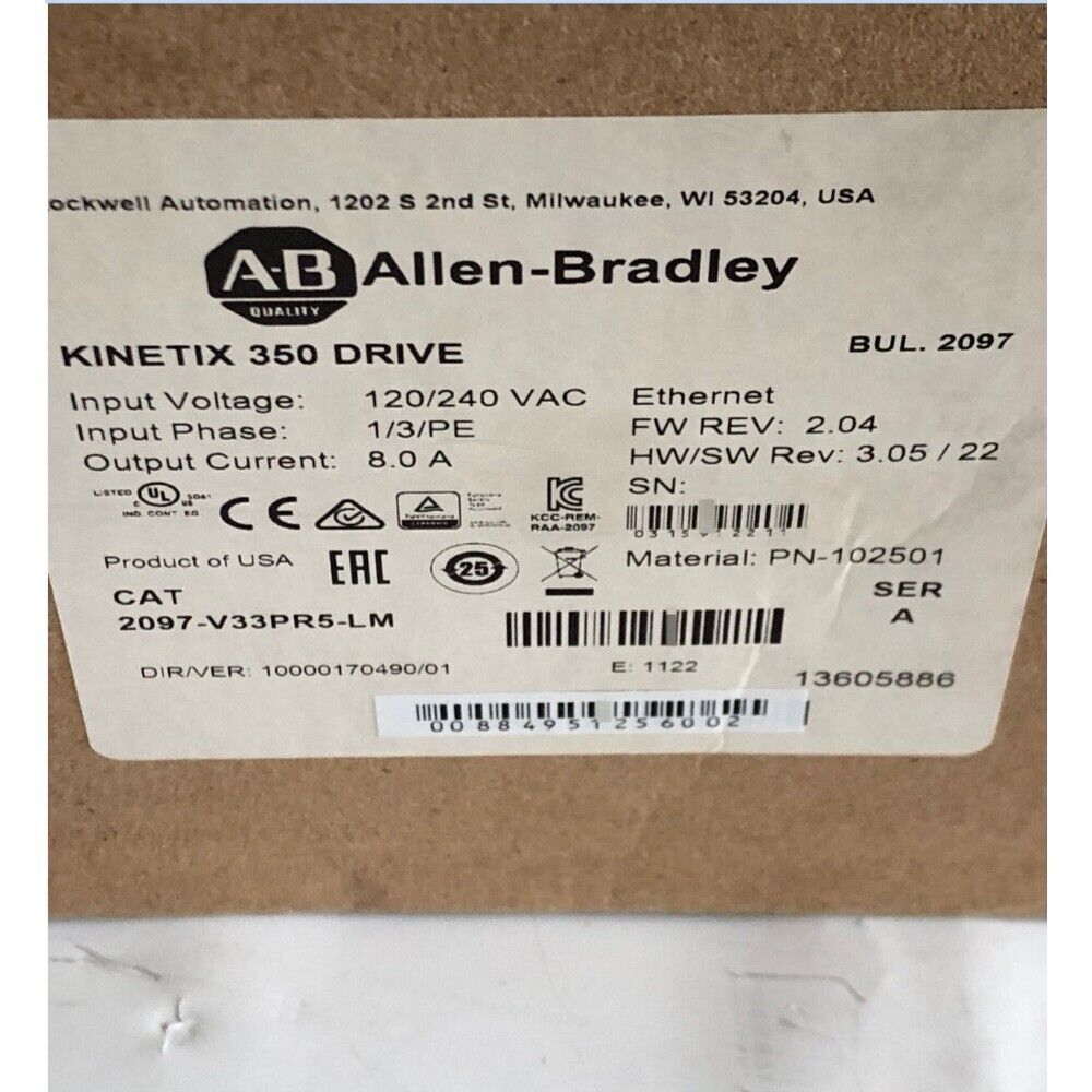 Allen-Bradley Kinetix 350 Servo Drive, 2097-V33PR5-LM, with 120/240 VAC input voltage and EtherNet/IP.