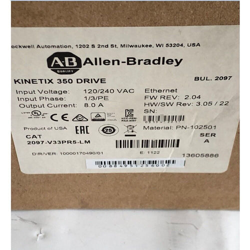 Allen-Bradley Kinetix 350 Servo Drive, 2097-V33PR5-LM, with 120/240 VAC input voltage and EtherNet/IP.