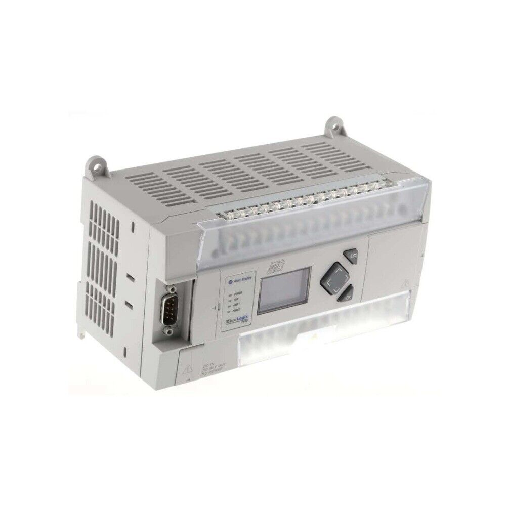 Allen-Bradley MicroLogix 1400 PLC, silver industrial controller with display and MicroLogix 1400 text.