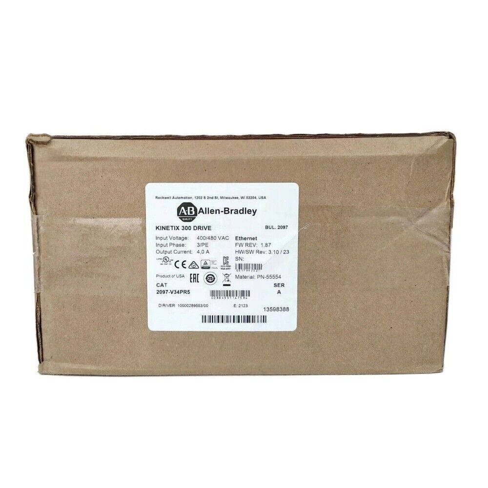 Allen-Bradley Kinetix 300 Drive 2097-V34PR5 label, EtherNet/IP servo drive specifications, industrial automation part.
