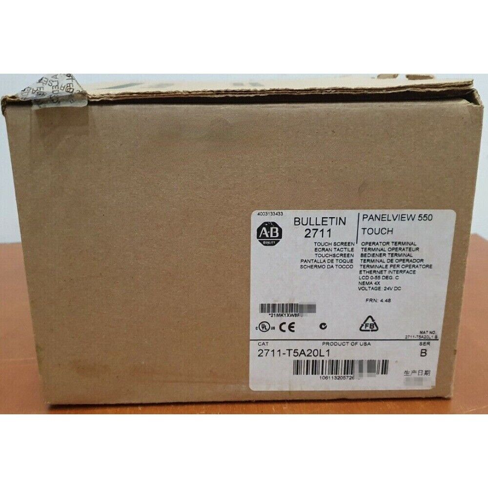 Allen-Bradley PanelView 550 touch screen HMI in original box, Ethernet interface, 2711-T5A20L1, operator terminal.
