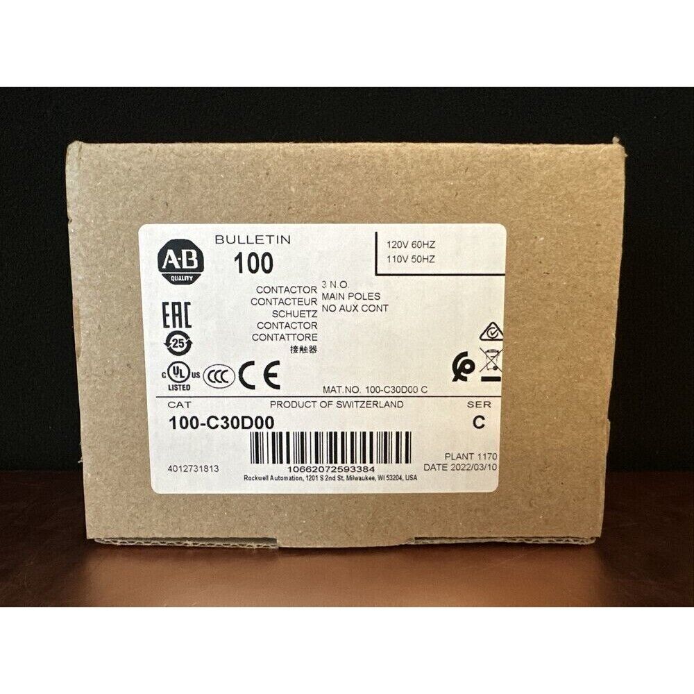 Allen-Bradley 100-C30D00 Contactor product box, 120V, 30AMP, with AB logo and markings