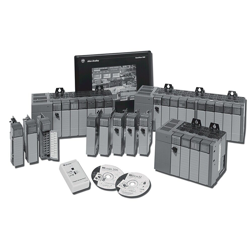 Allen-Bradley SLC 500 Series industrial automation equipment set, PanelView 1000 display, RSLogix 500 and RSView32 software