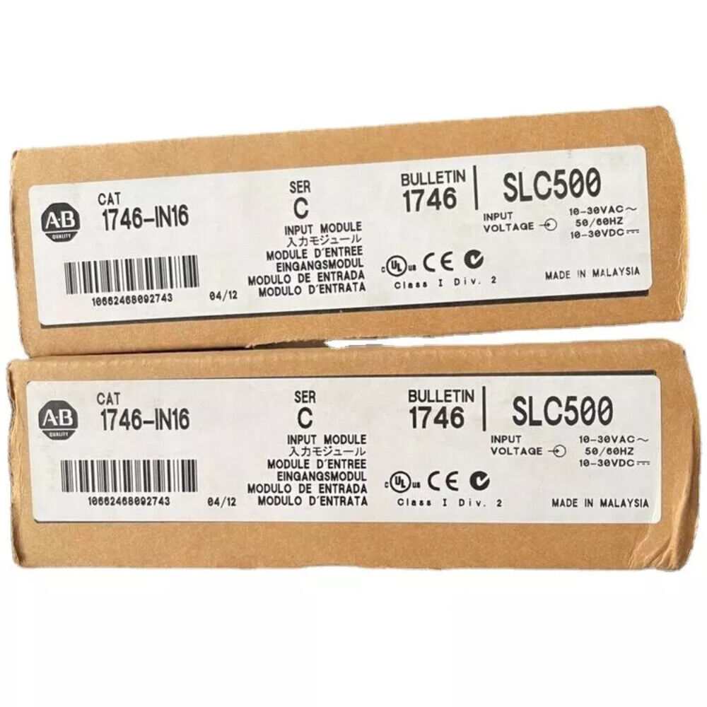 Allen-Bradley 1746-IN16 SLC 500 Input Module product boxes, featuring product details and specifications.