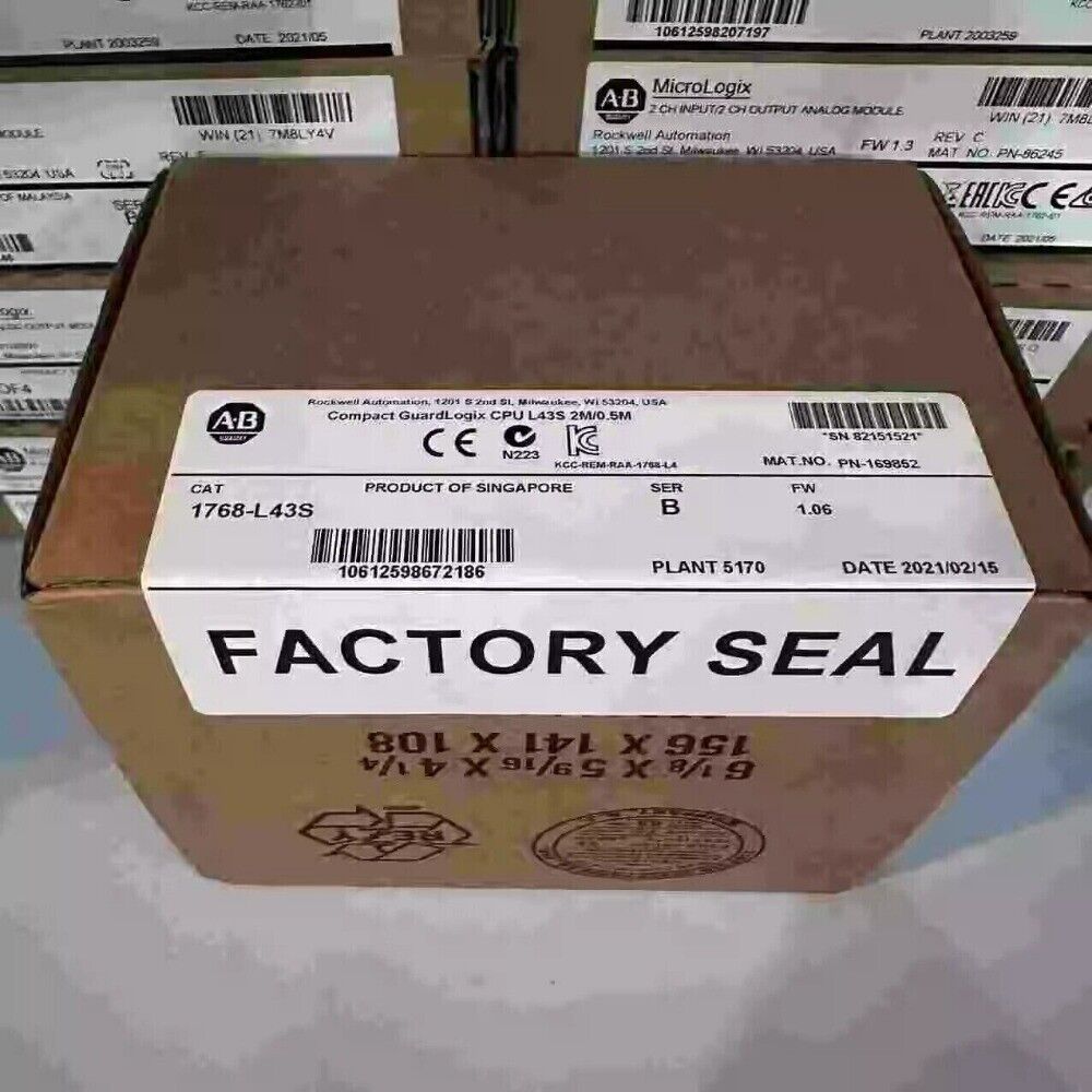 1768-L43S Allen-Bradley Compact GuardLogix PLC in factory-sealed box. Singapore product, with part and serial numbers.