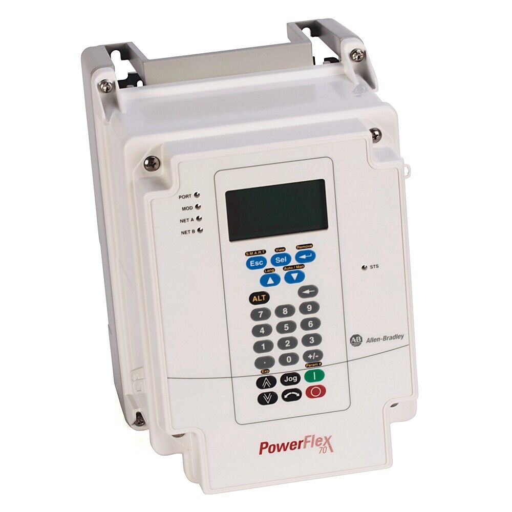 Allen-Bradley PowerFlex 70 AC Drive control panel, white with keypad and LCD screen, industrial automation equipment.