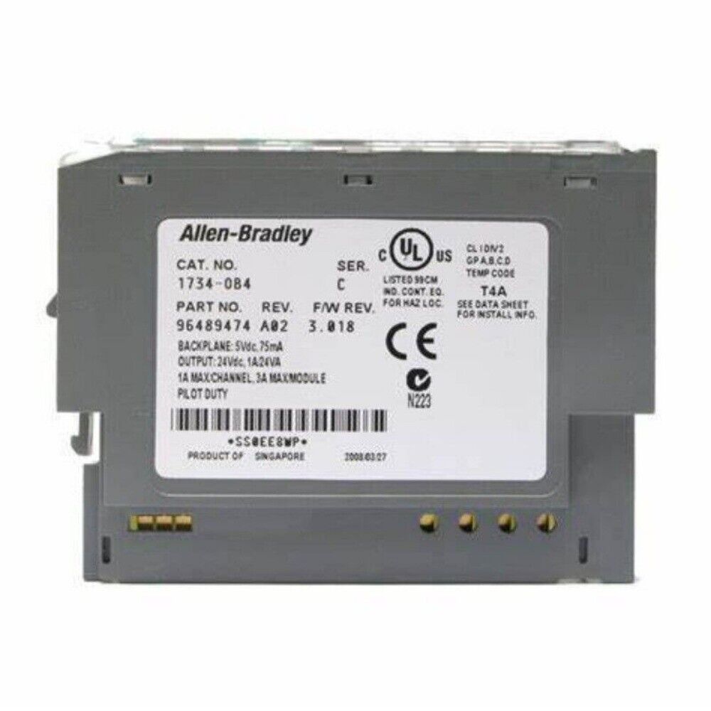 Allen-Bradley 1734-OB4 POINT I/O digital output module, specifications and certifications, grey industrial component.