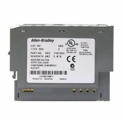 Allen-Bradley 1734-OB4 POINT I/O digital output module, specifications and certifications, grey industrial component.