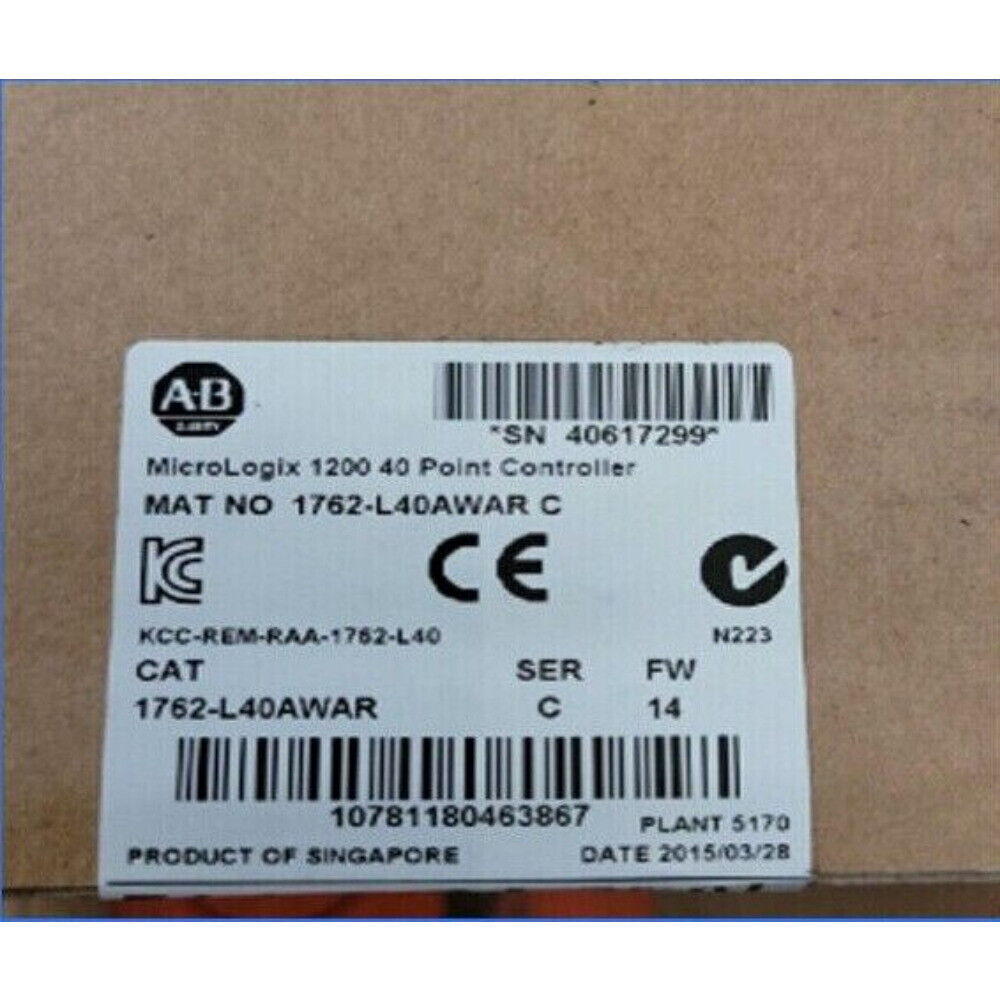 Allen-Bradley MicroLogix 1200 1762-L40AWAR controller label, 40 Point, Singapore, 2015.