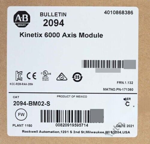 Allen-Bradley 2094-BM02-S Kinetix 6000 Axis Module label, new. Servo drive part for industrial automation.