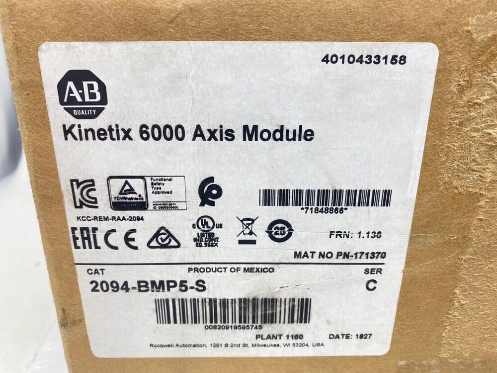 Allen-Bradley Kinetix 6000 Axis Module label, product details, 2094-BMP5-S, industrial automation part.