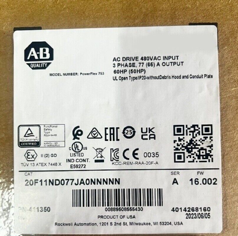 PowerFlex 753 AC Drive Label, 480VAC, 77A Output, 60HP. Industrial automation drive by Allen-Bradley.