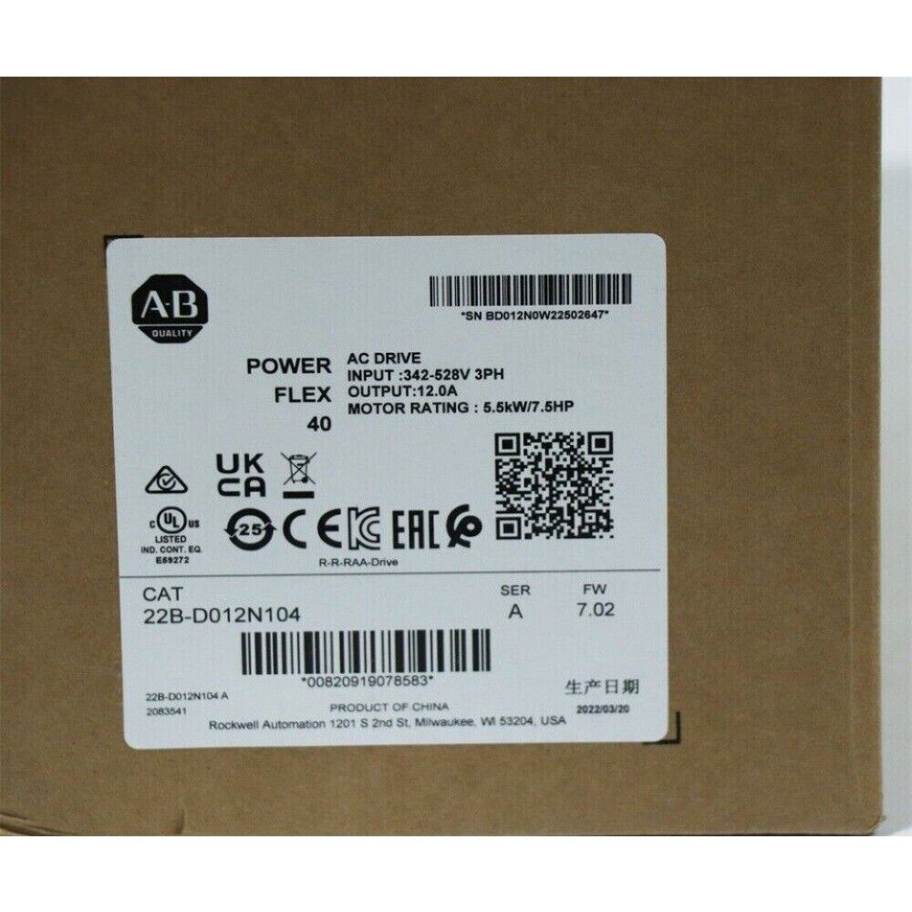 Allen-Bradley PowerFlex 40 AC Drive label with product specifications, model 22B-D012N104.
