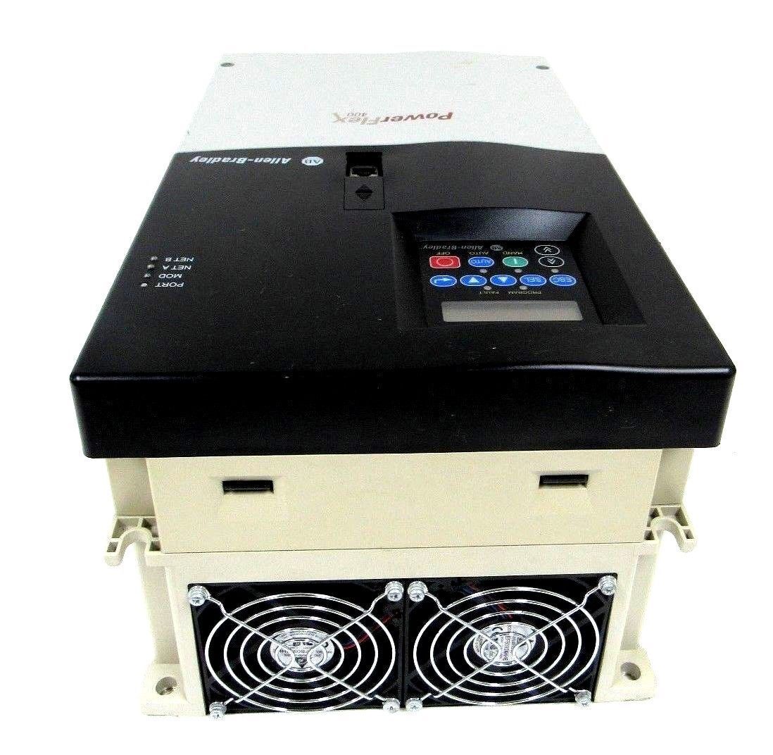 Allen-Bradley PowerFlex 400 AC drive, black and beige color, with fans and control panel.