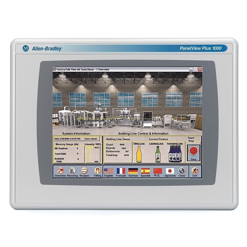 Allen-Bradley PanelView Plus 1000 display showing FactoryTalk View ME Soda Demo, with bottling line control information.