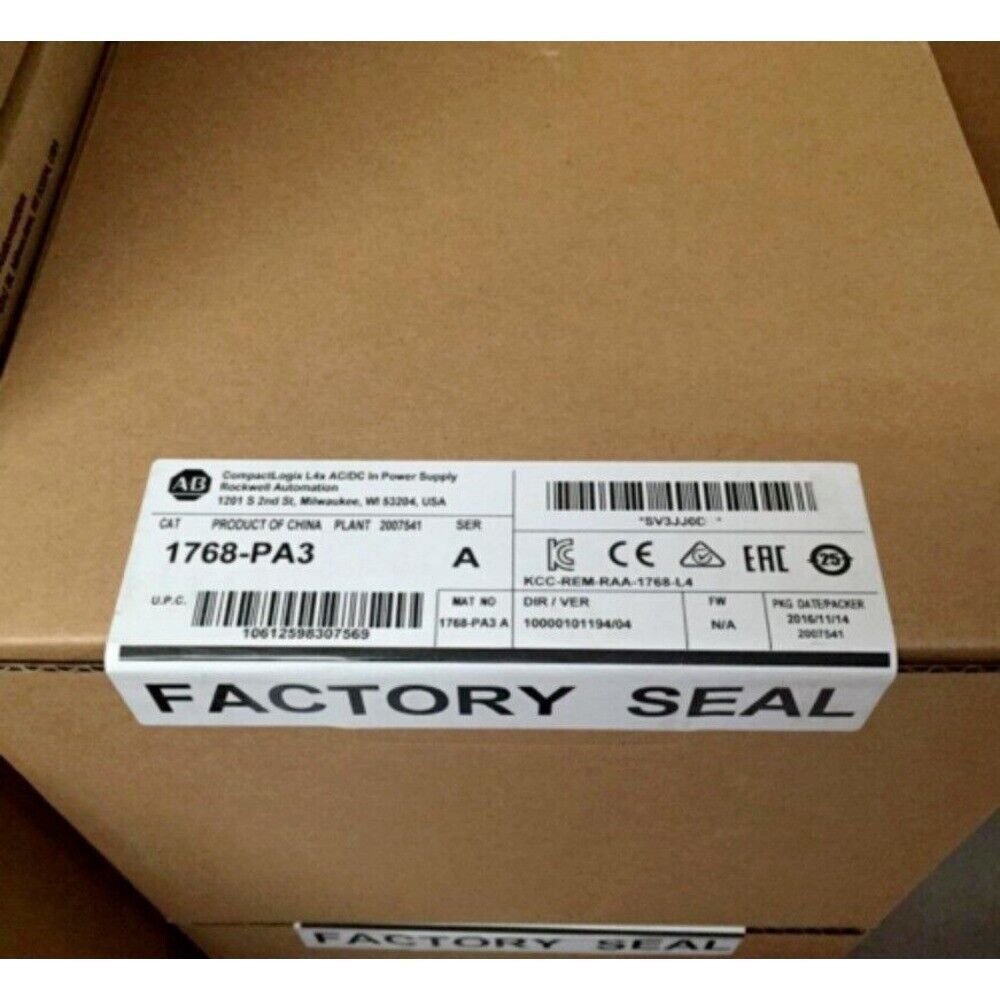 Allen-Bradley 1768-PA3 CompactLogix AC/DC power supply label, Factory Sealed for industrial automation, DIN-rail mount.