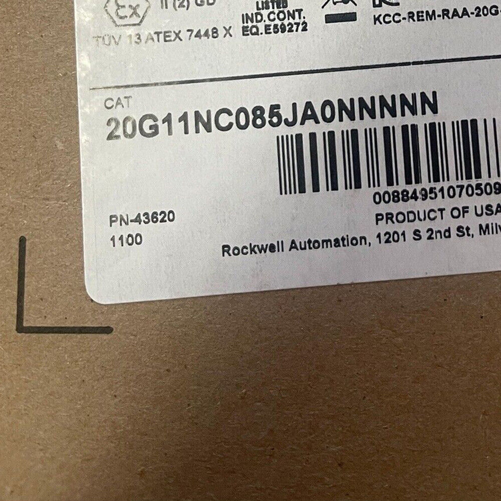 Allen-Bradley 20G11NC085JA0NNNNN PLC product label, including catalog number, barcode, and Rockwell Automation details.