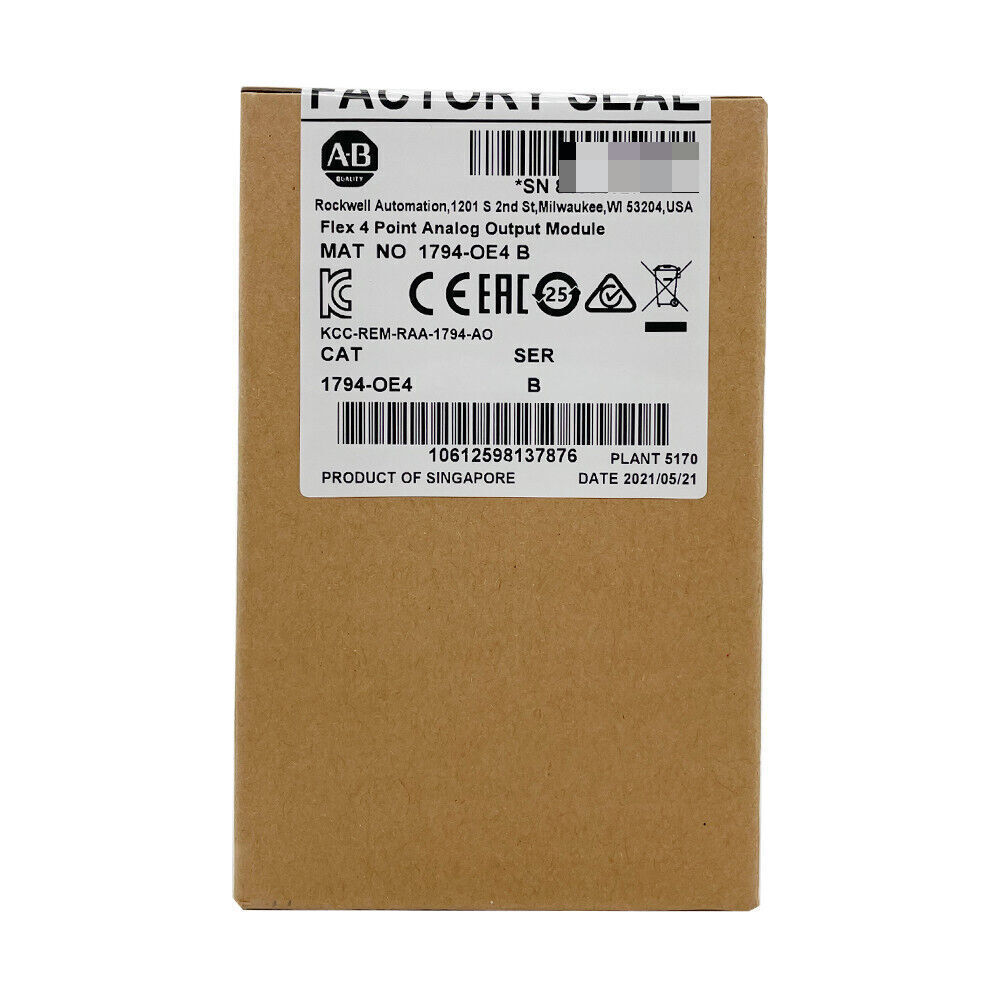 Allen-Bradley 1794-OE4 Flex 4 Point Analog Output Module label, product details, and certifications on a brown cardboard box.