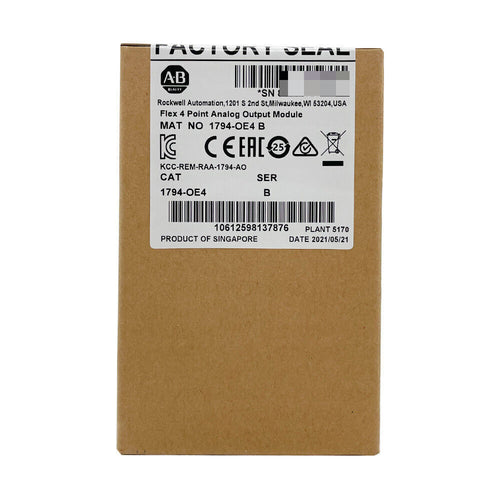 Allen-Bradley 1794-OE4 Flex 4 Point Analog Output Module label, product details, and certifications on a brown cardboard box.