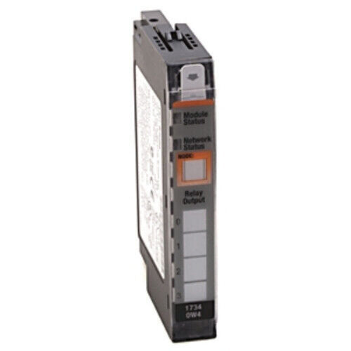 Allen-Bradley 1734-OA4 I/O Module. Features Module Status, Network Status, and Relay Output indicators.
