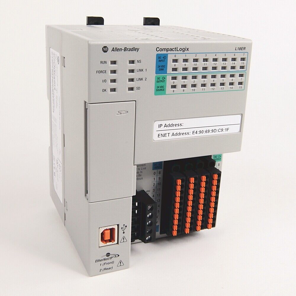Allen-Bradley CompactLogix 1769-L27ERM-QBFC1B controller with embedded I/O and Ethernet/IP ports