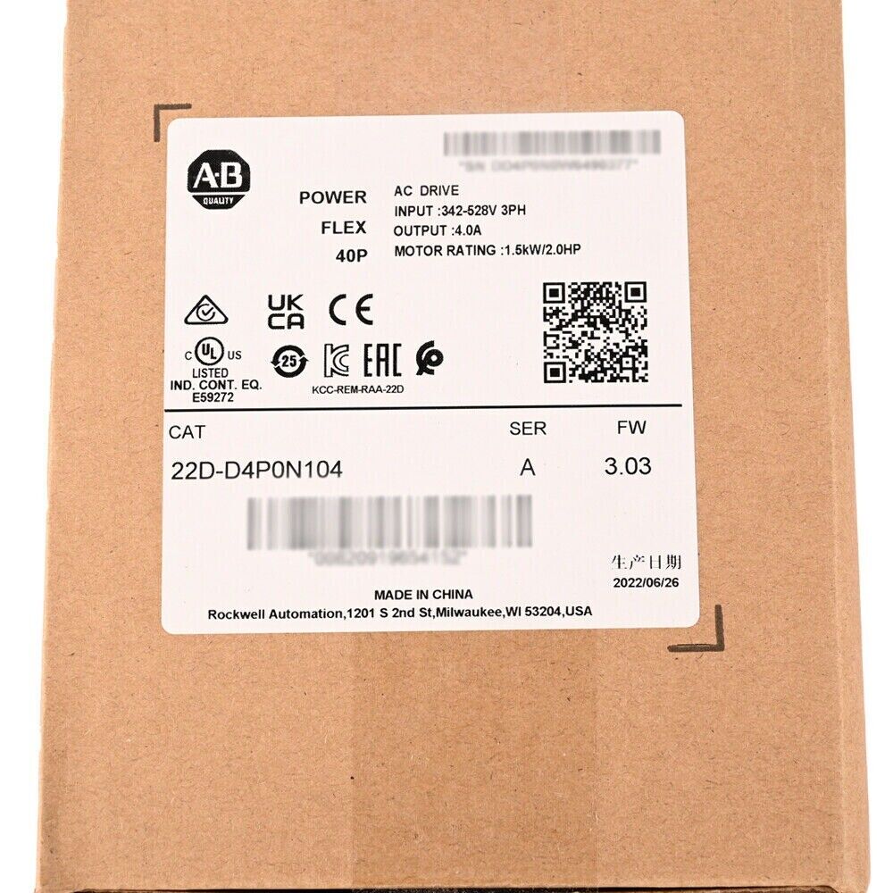 Allen-Bradley PowerFlex 40P AC Drive label, 22D-D4P0N104, industrial automation part, Rockwell Automation.