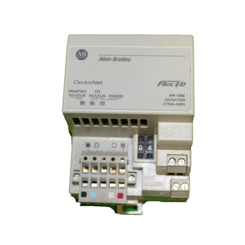 Allen-Bradley 1794-ADN Flex I/O DeviceNet Adapter. 24VDC power and status indicators visible.