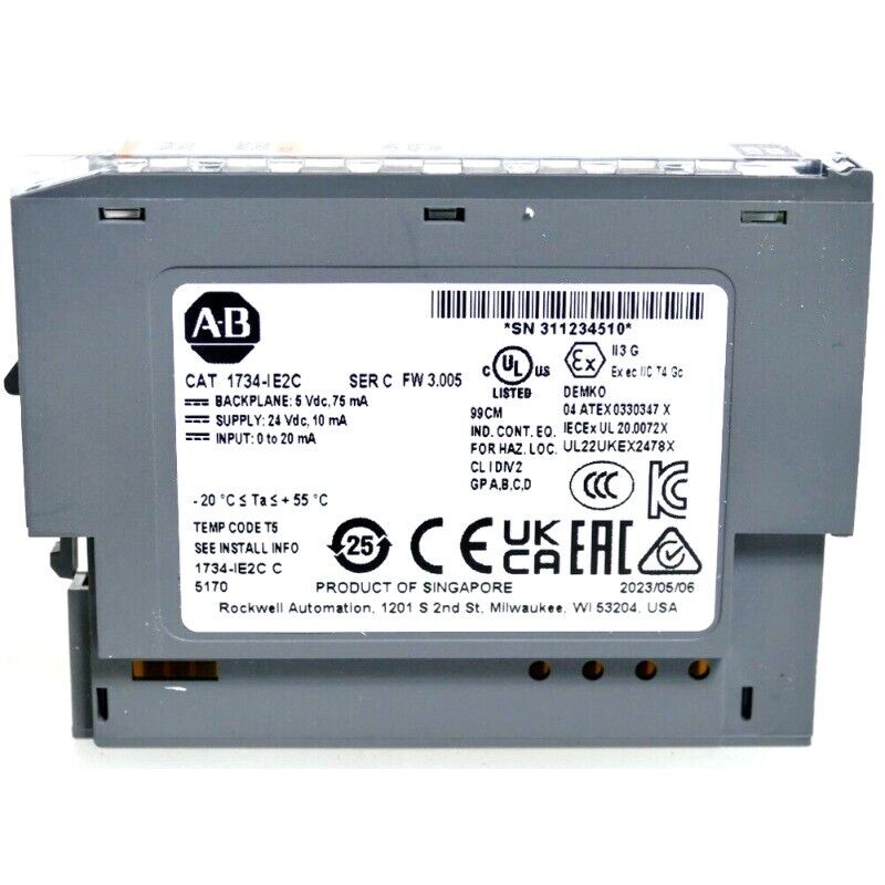 Allen-Bradley 1734-IE2C Input Module. PLC component, specifications and certifications visible.