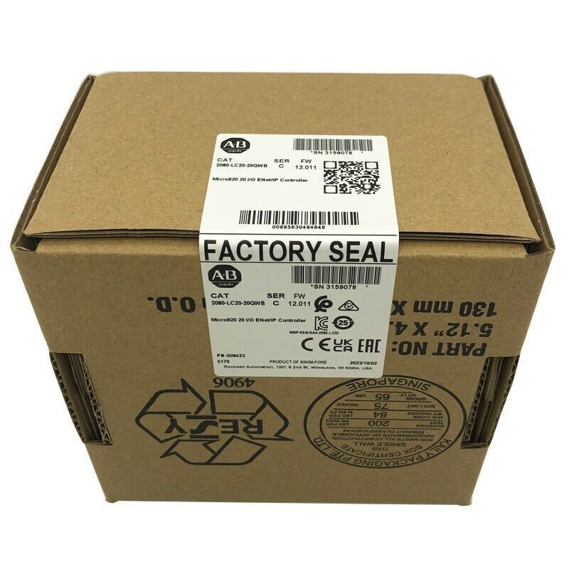 Allen-Bradley Micro820 2080-LC20-20QWB PLC controller in factory sealed box, Ethernet enabled, product of Singapore.