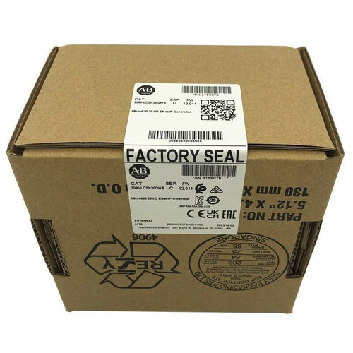 Allen-Bradley Micro820 2080-LC20-20QWB PLC controller in factory sealed box, Ethernet enabled, product of Singapore.