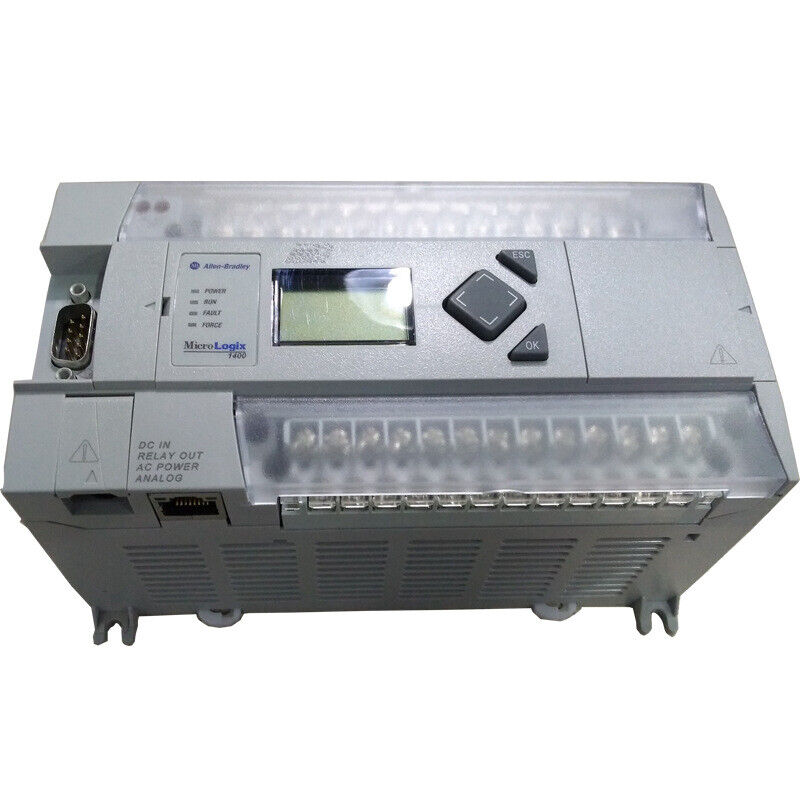 Allen-Bradley MicroLogix 1400 Series PLC, gray housing with digital display, Ethernet port, and control buttons.