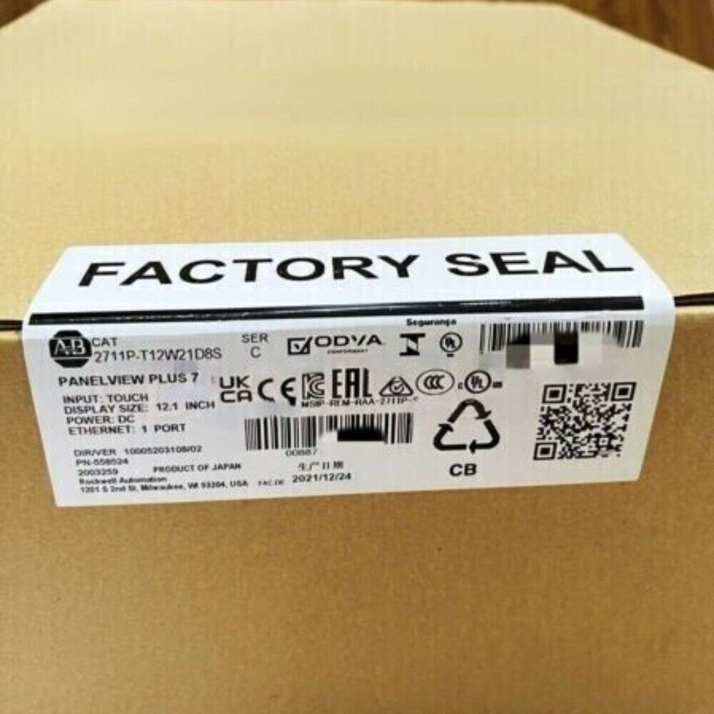 Allen-Bradley PanelView Plus 7 with factory seal, 2711P-T12W21D8S, 12.1 inch display product label on box.