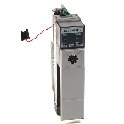 Allen-Bradley SLC 5/04 CPU: Grey enclosure with RUN, FLT, DH+, RS232 indicators and a green circuit board.